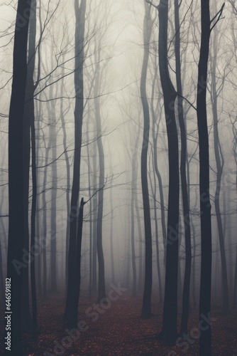 Misty spooky forest background, gloomy trees in scary horror foggy woods Happy Halloween dark night creepy nature mist fantasy atmosphere mystery dramatic landscape fall nightmare scenery. Copy space