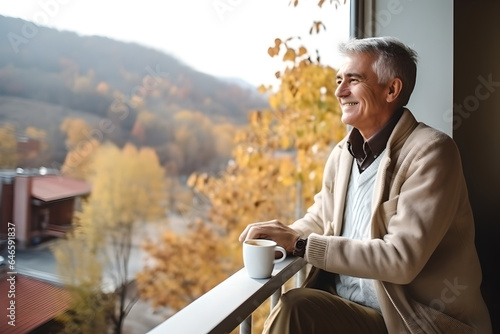 A mature man with a cup of coffee sitting on the balcony against nature in autumn season