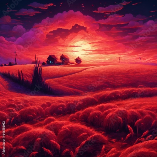 beautiful red background halloween wheatfield field with attractive light and details 