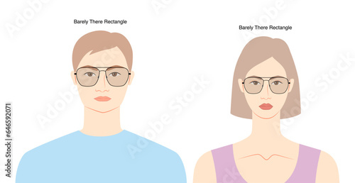 Barely There Rectangle frame glasses on women and men flat character fashion accessory illustration. Sunglass front view unisex silhouette style, rim spectacles eyeglasses with lens sketch isolated