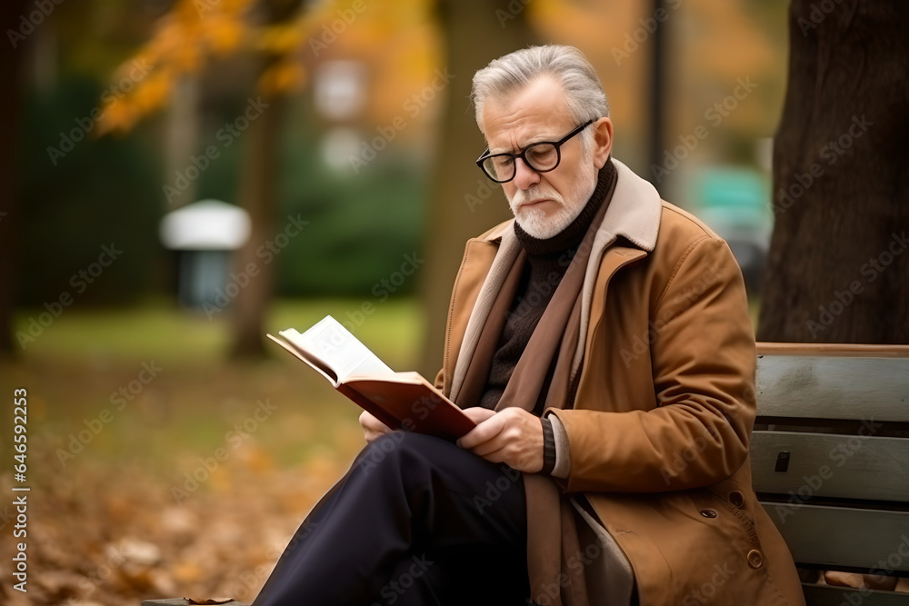 Obraz premium Lonely older man wearing glasses reading book sitting on wooden bench at city park in autumn season