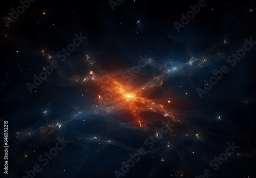 the nebula in space with stars and blue  in the style of dark orange and dark gray  intertwined networks  fisheye effects  focus on joints connections  radiant clusters  light and dark contrast  highl
