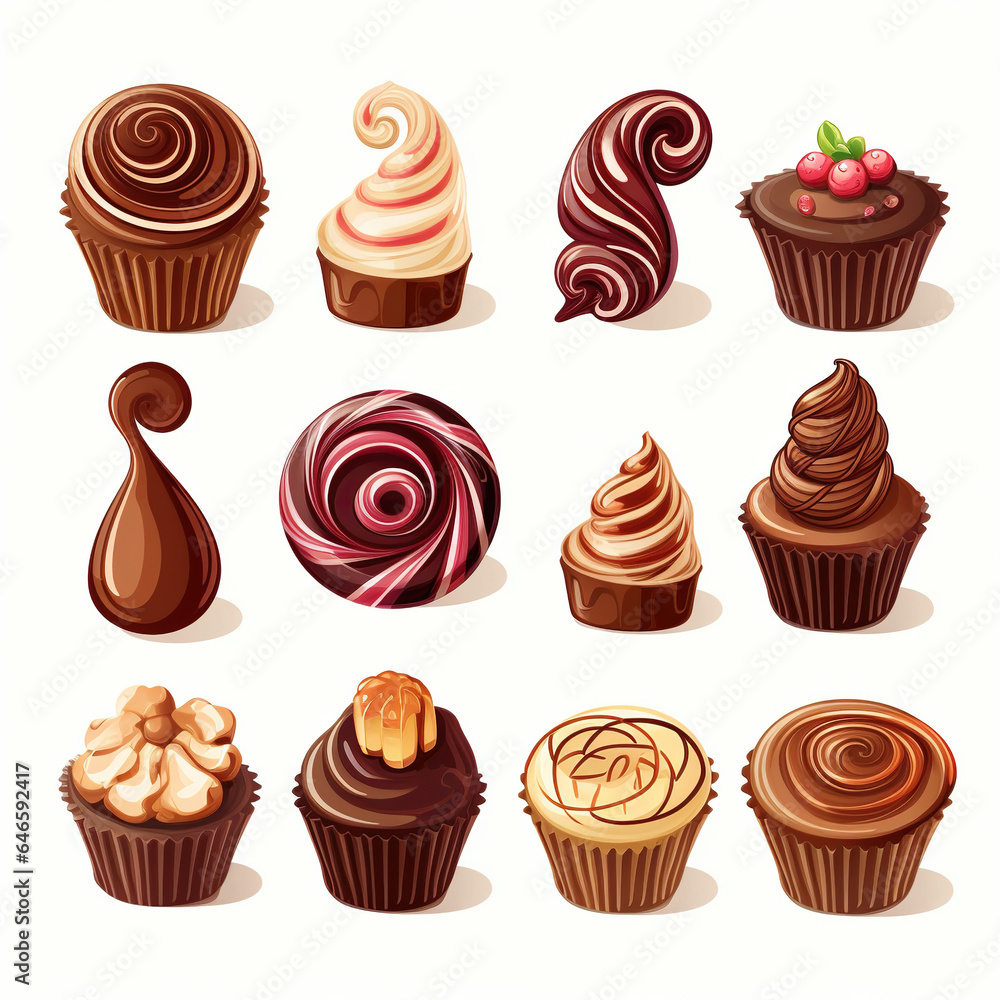 Set of chocolate candies. Chocolate cupcakes set. Appetizing sweets, cartoon style illustration. Set of chocolate candies. Chocolate cupcakes set. Appetizing sweets, cartoon style illustration.