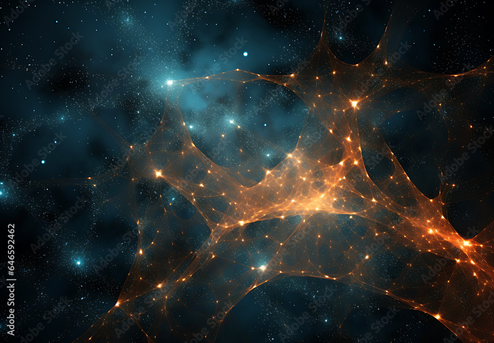 the nebula in space with stars and blue, in the style of dark orange and dark gray, intertwined networks, fisheye effects, focus on joints/connections, radiant clusters, light and dark contrast, highl - obrazy, fototapety, plakaty 