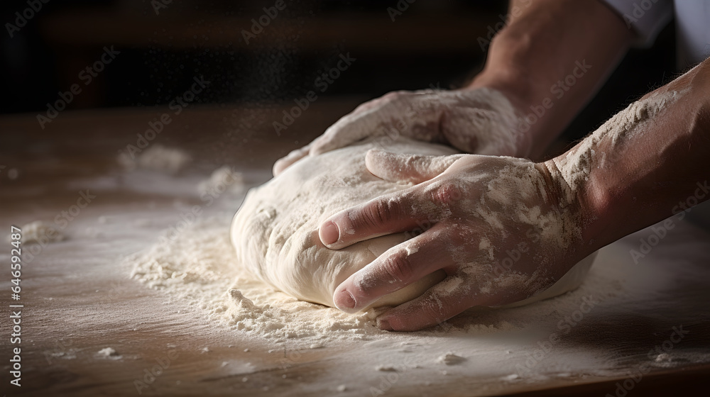 Male hands kneading dough for homemade pizza. Close up handmade bread dough kneaded on wooden table