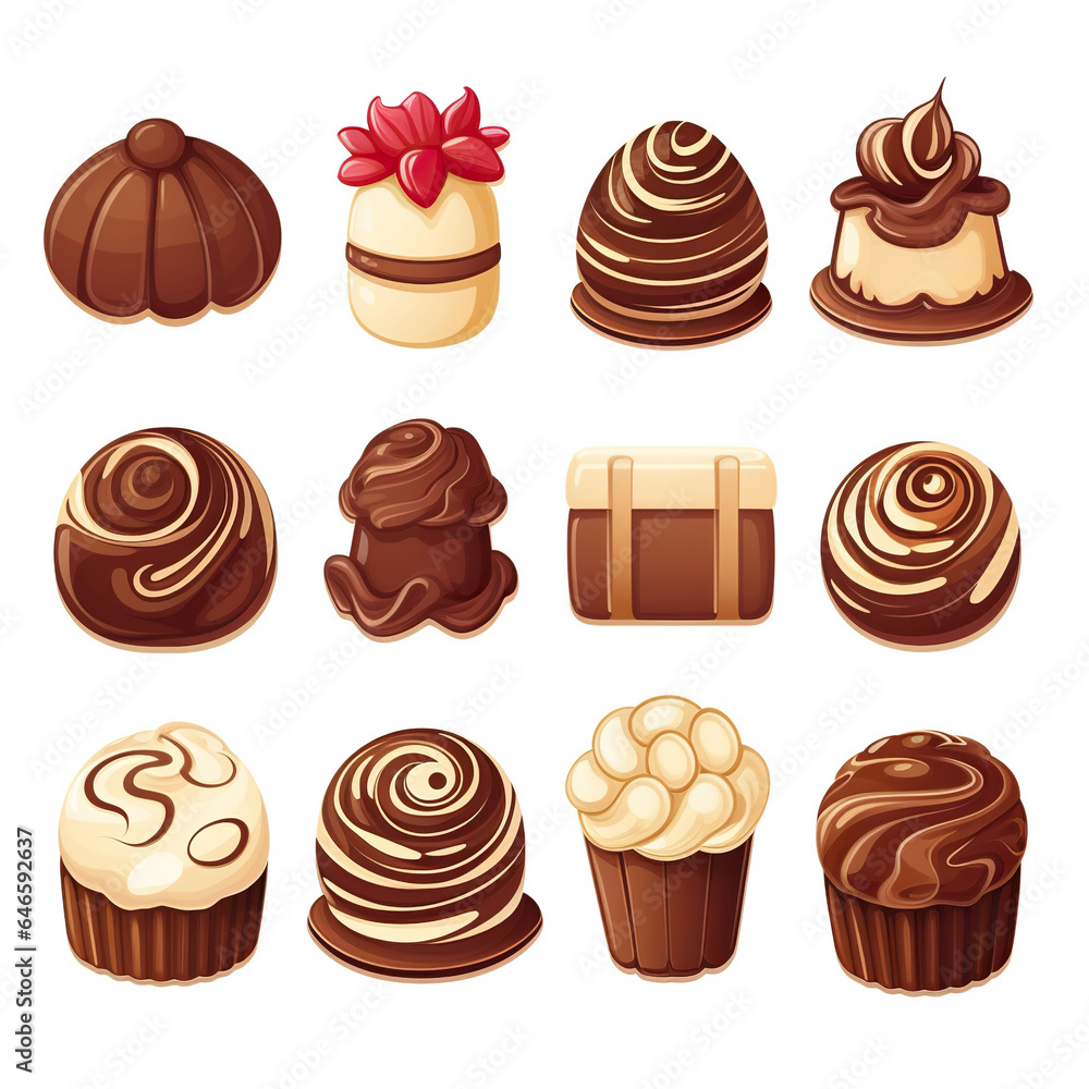 Illustration of Luxury Assorted Chocolate Collection. Chocolate candies icons set. Cartoon illustration of 12 chocolate candies icons for web design. Appetizing sweets, cartoon-style illustration.