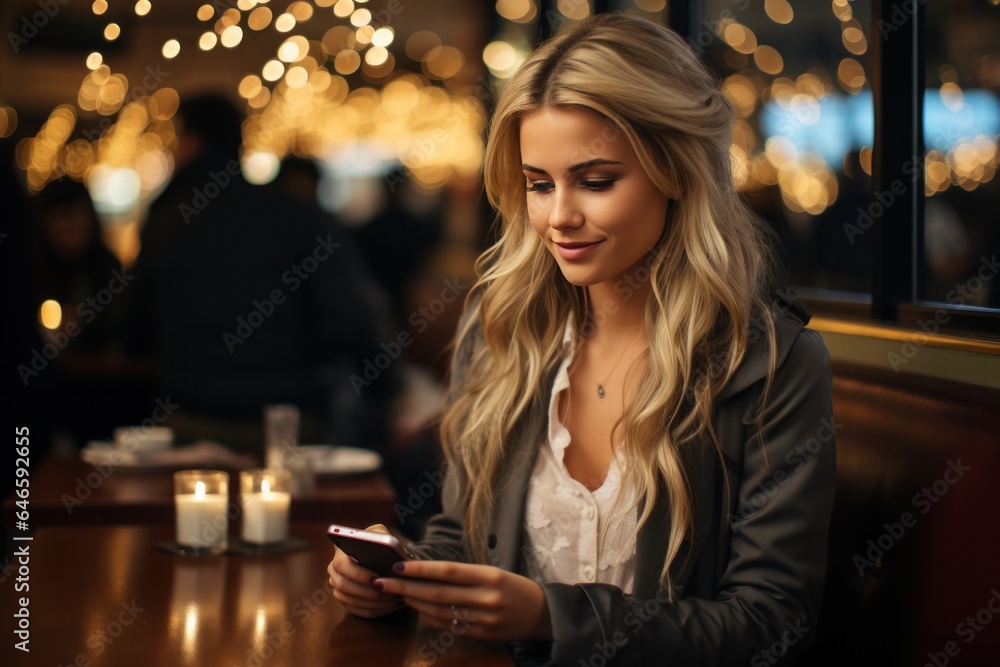 Young woman sitting with smartphone in hand, using it to check messages, shop online, chat online, and watch videos. Young woman sitting with smartphone in hand, using it to check messages, shop online, chat online, and watch videos.