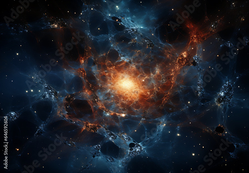 the nebula in space with stars and blue, in the style of dark orange and dark gray, intertwined networks, fisheye effects, focus on joints/connections, radiant clusters, light and dark contrast, highl