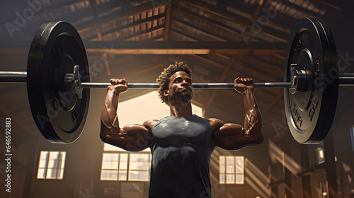 Muscular african american man lifting heavy barbell in gym