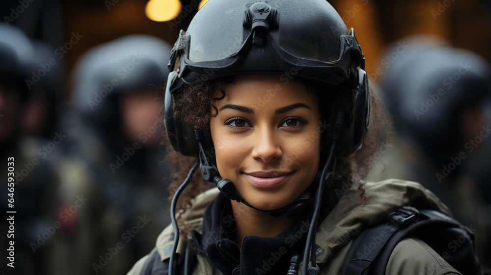 Female African American military helicopter pilot standing near her aircraft - generative AI. Female African American military helicopter pilot standing near her aircraft - generative AI.