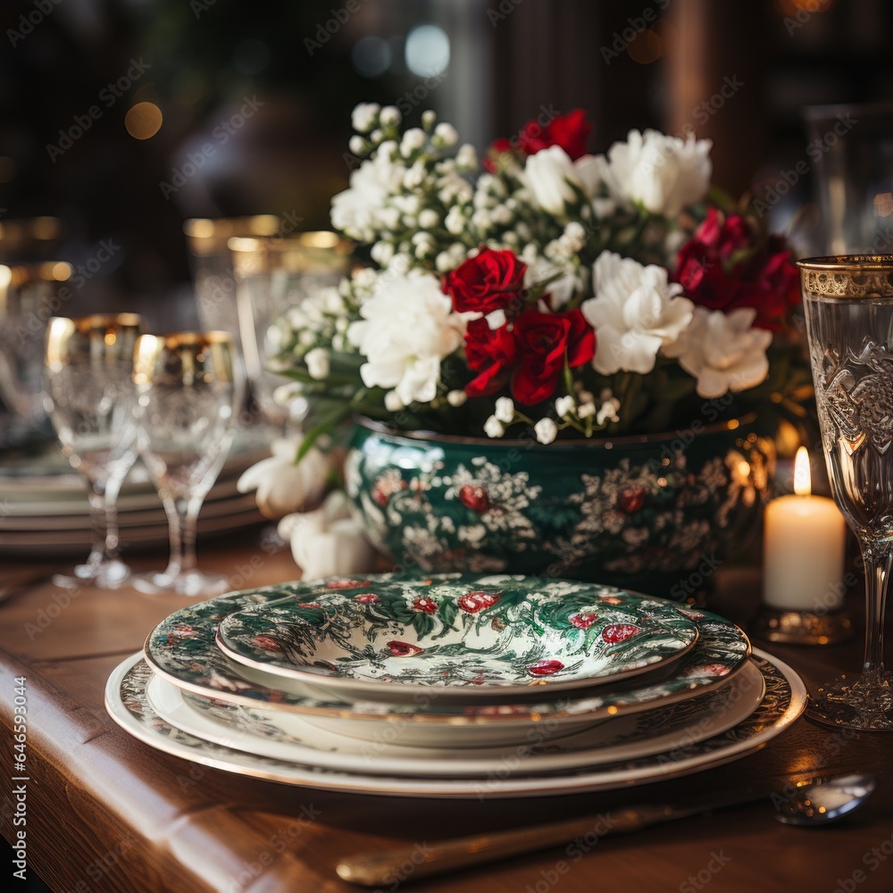 christmas table setting, Festive Table Settings: Complete with themed plates, napkins, and centerpieces, generative ai christmas table setting, Festive Table Settings: Complete with themed plates, napkins, and centerpieces, generative ai