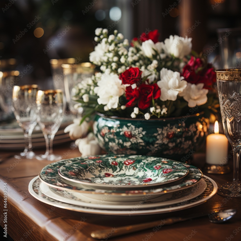 christmas table setting, Festive Table Settings: Complete with themed plates, napkins, and centerpieces, generative ai