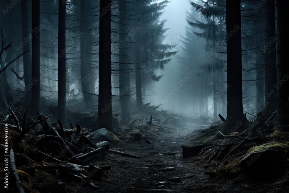 Obraz premium Misty spooky forest background, gloomy trees in scary horror foggy woods Happy Halloween dark night creepy nature mist fantasy atmosphere mystery dramatic landscape fall nightmare scenery. Copy space