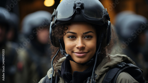 Female African American military helicopter pilot standing near her aircraft - generative AI.