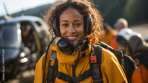 Female African American search and rescue helicopter pilot standing near her aircraft - generative AI. © Andy Dean