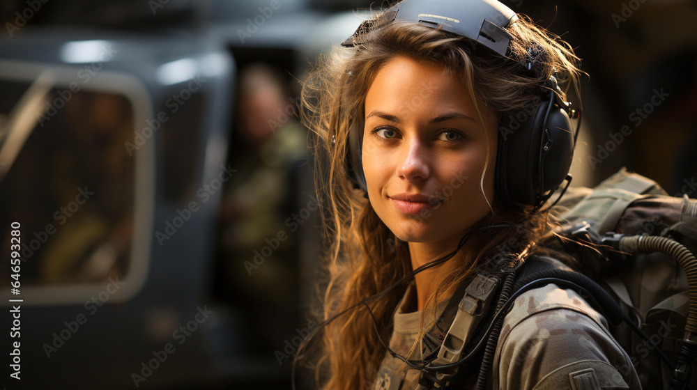 Female military helicopter pilot standing near her aircraft - generative AI. Female military helicopter pilot standing near her aircraft - generative AI.