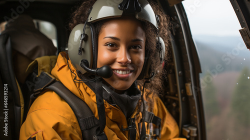 Female African American search and rescue helicopter pilot flying in the cockpit - generative AI.