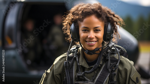 Female African American military helicopter pilot standing near her aircraft - generative AI. © Andy Dean
