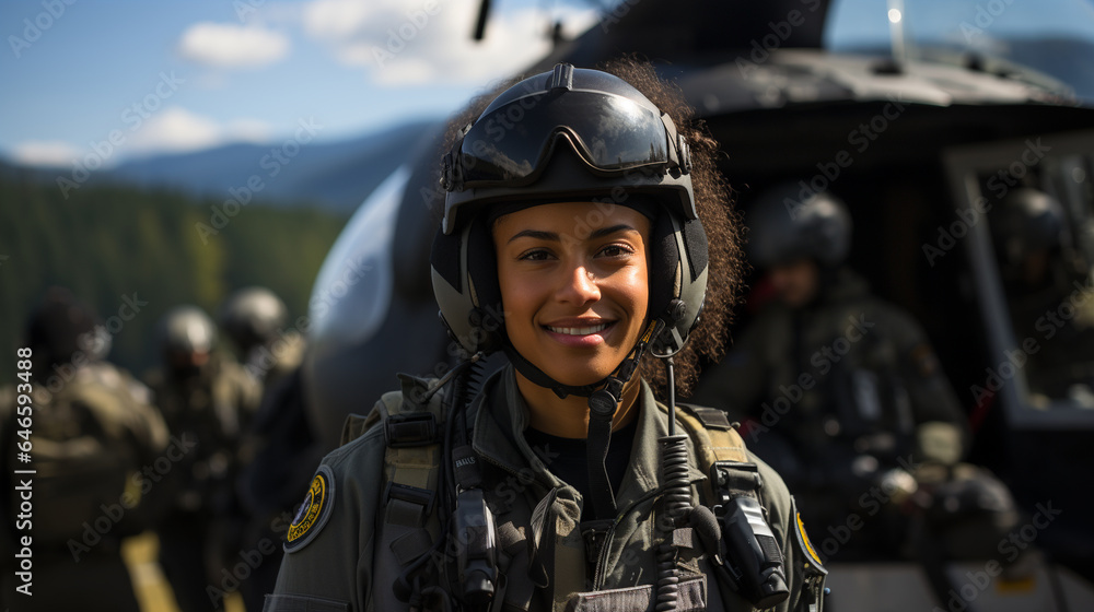 Female African American military helicopter pilot standing near her aircraft - generative AI. Female African American military helicopter pilot standing near her aircraft - generative AI.