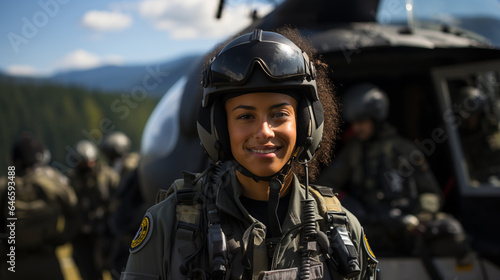 Female African American military helicopter pilot standing near her aircraft - generative AI. © Andy Dean