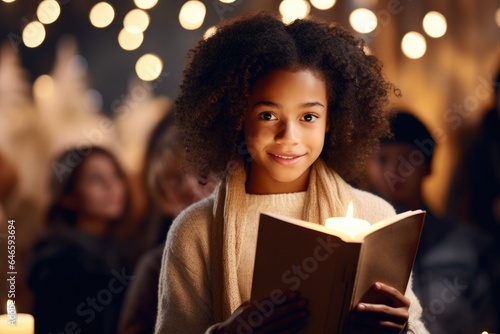 Happy little girl holding a Christmas carol book at Christmas carol, crowd holding candles in the background, 