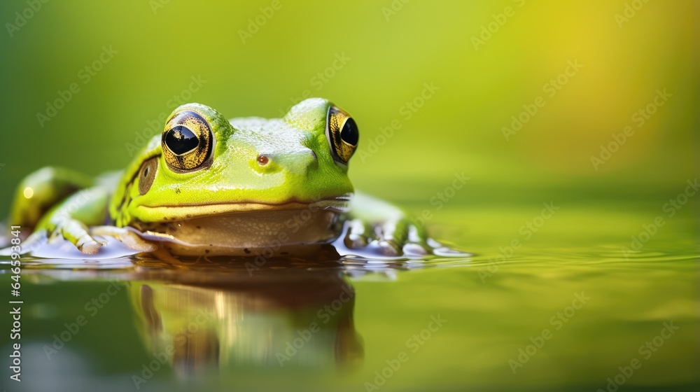 Green Frog in Aquatic Environment with Reflective Surface Green Frog in Aquatic Environment with Reflective Surface