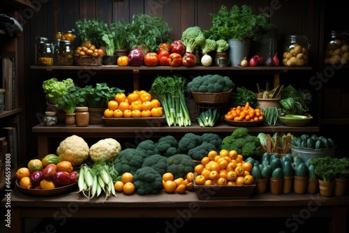 A large display of fresh fruits and vegetables. Imaginary illustration of a grocery store.