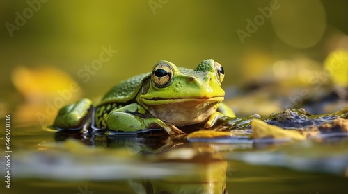 Green Frog in Aquatic Environment with Reflective Surface
