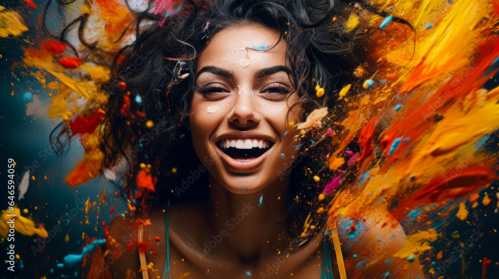 Fun girl at a crazy party in an abstract pastel setting. Futuristic party in pastel tones with confetti. A cheerful and youthful atmosphere. Fun girl at a crazy party in an abstract pastel setting. Futuristic party in pastel tones with confetti. A cheerful and youthful atmosphere.