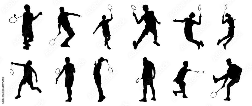 vector icon of people playing badminton.  a collection of silhouettes of people playing badminton in various positions