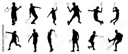 vector icon of people playing badminton. a collection of silhouettes of people playing badminton in various positions