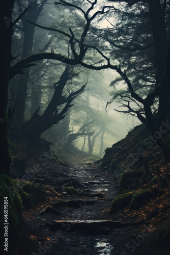 Misty spooky forest background  gloomy trees in scary horror foggy woods Happy Halloween dark night creepy nature mist fantasy atmosphere mystery dramatic landscape fall nightmare scenery. Copy space