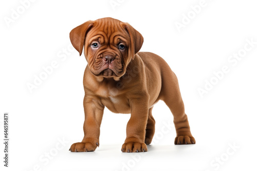 a Bordeaux puppy dog in front of a white background 