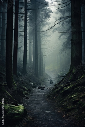 Misty spooky forest background  gloomy trees in scary horror foggy woods Happy Halloween dark night creepy nature mist fantasy atmosphere mystery dramatic landscape fall nightmare scenery. Copy space