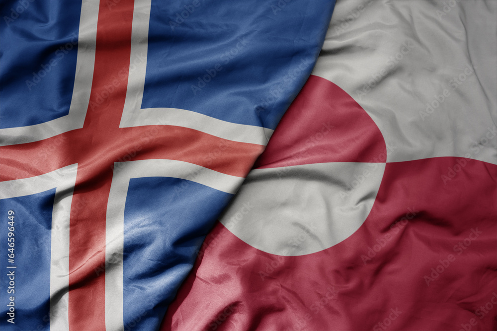 big waving national colorful flag of icelandic and national flag of greenland . big waving national colorful flag of icelandic and national flag of greenland .