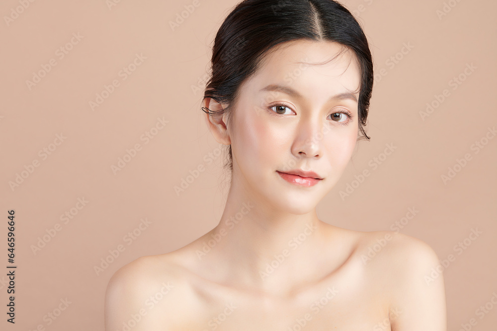 Beautiful young asian woman with clean fresh skin on beige background, Face care, Facial treatment, Cosmetology, beauty and spa, Asian women portrait. Beautiful young asian woman with clean fresh skin on beige background, Face care, Facial treatment, Cosmetology, beauty and spa, Asian women portrait.