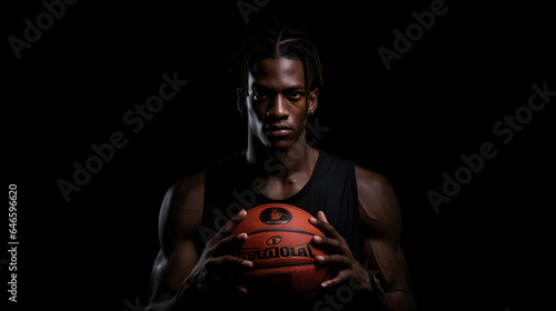 African american male basketball player holding ball on black background in studio