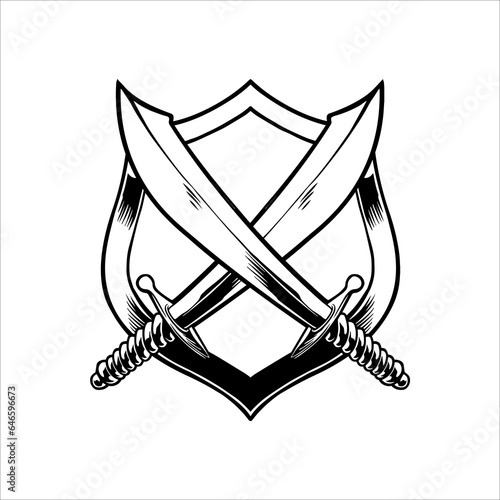 Crossed swords in a shield. Black and white vector illustration.
