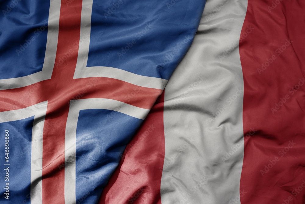 big waving national colorful flag of icelandic and national flag of peru . big waving national colorful flag of icelandic and national flag of peru .