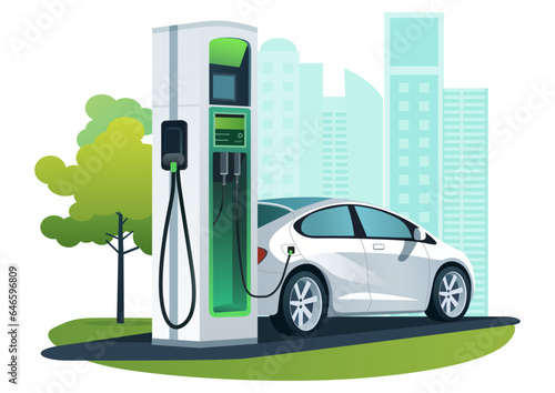 Electric EV car charging battery on the city. Concept of protecting the environment, loving the earth, Save for the world. Ready to apply to your design. Vector illustration.