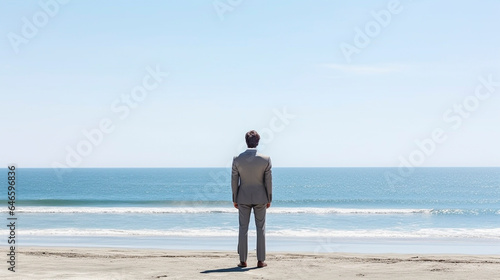 穏やかなブルーオーシャンを見つめるビジネスマン「AI生成画像」