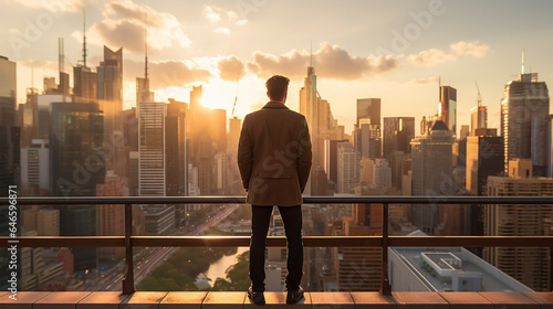 夕日に照らされる摩天楼を見下ろすビジネスマン「AI生成画像」