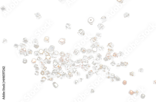 Fashion Silver gold bead cube with beautiful work detail is value. Luxury silver copper metal bead sequin is fashion trend and fly in air. Black background isolated selective focus blur