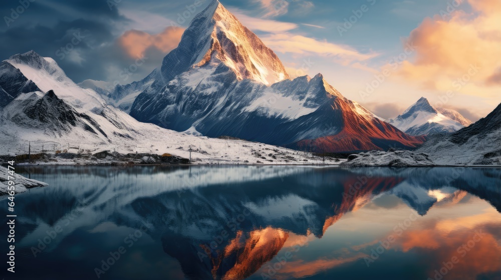 Tranquil Winter Landscape with Snowcapped Mountains and Reflection in Calm Lake
