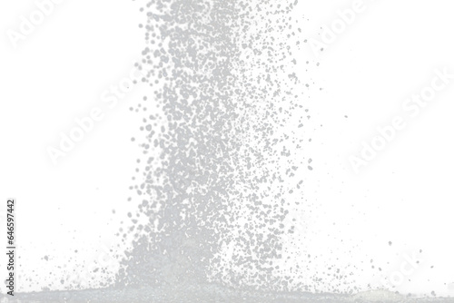 Pure Refined Sugar cube flying explosion, white crystal sugar abstract cloud fly. Pure refined sugar cubes splash stop in air, food object design. Black background isolated selective focus blur