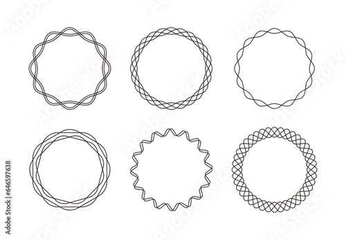 Set of circular shaped frame illustrations with geometric, abstract line borders.