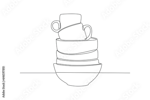 One continuous line drawing of Modern ceramic kitchen utensils concept. Doodle vector illustration in simple linear style. 
