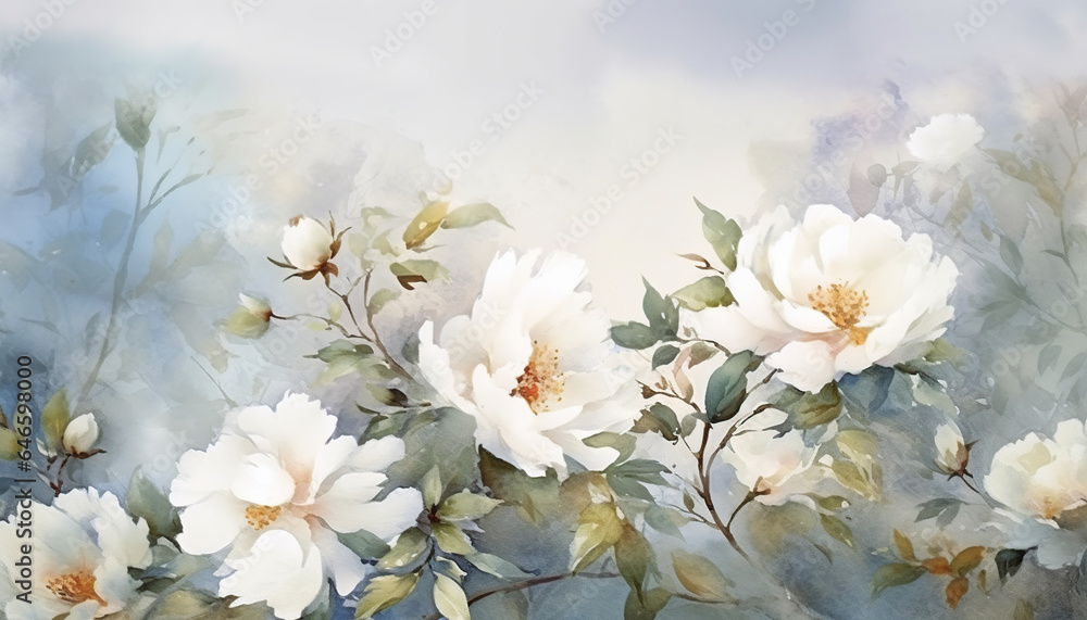 white peony flowers watercolor background