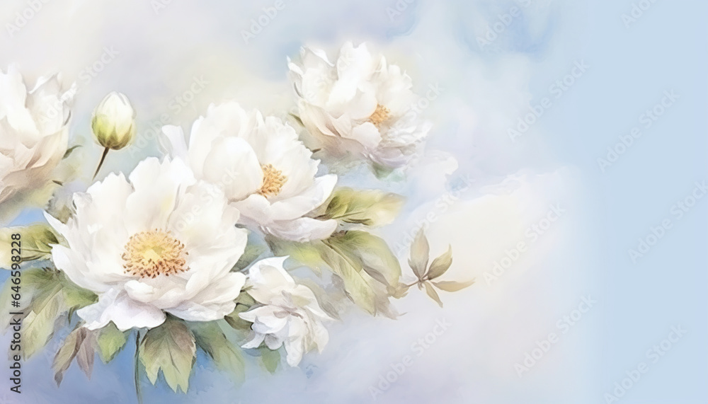 Fototapeta premium white peony flowers watercolor background