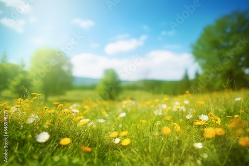 Beautiful meadow field with fresh grass and yellow dandelion flowers in nature against a blurry blue sky with clouds. Summer spring perfect natural landscape. gerenative ai.